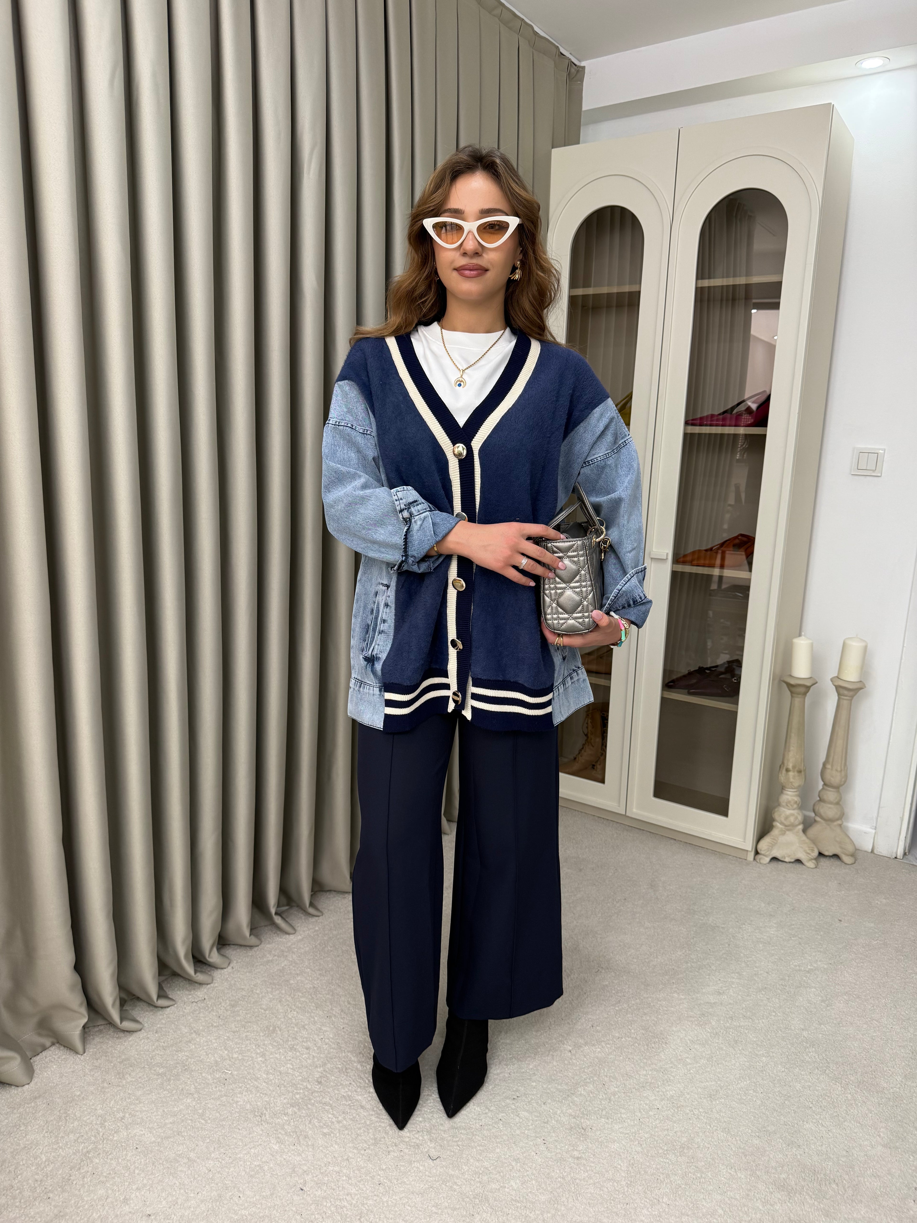 Oversize Angora Geçişli Kot Ceket