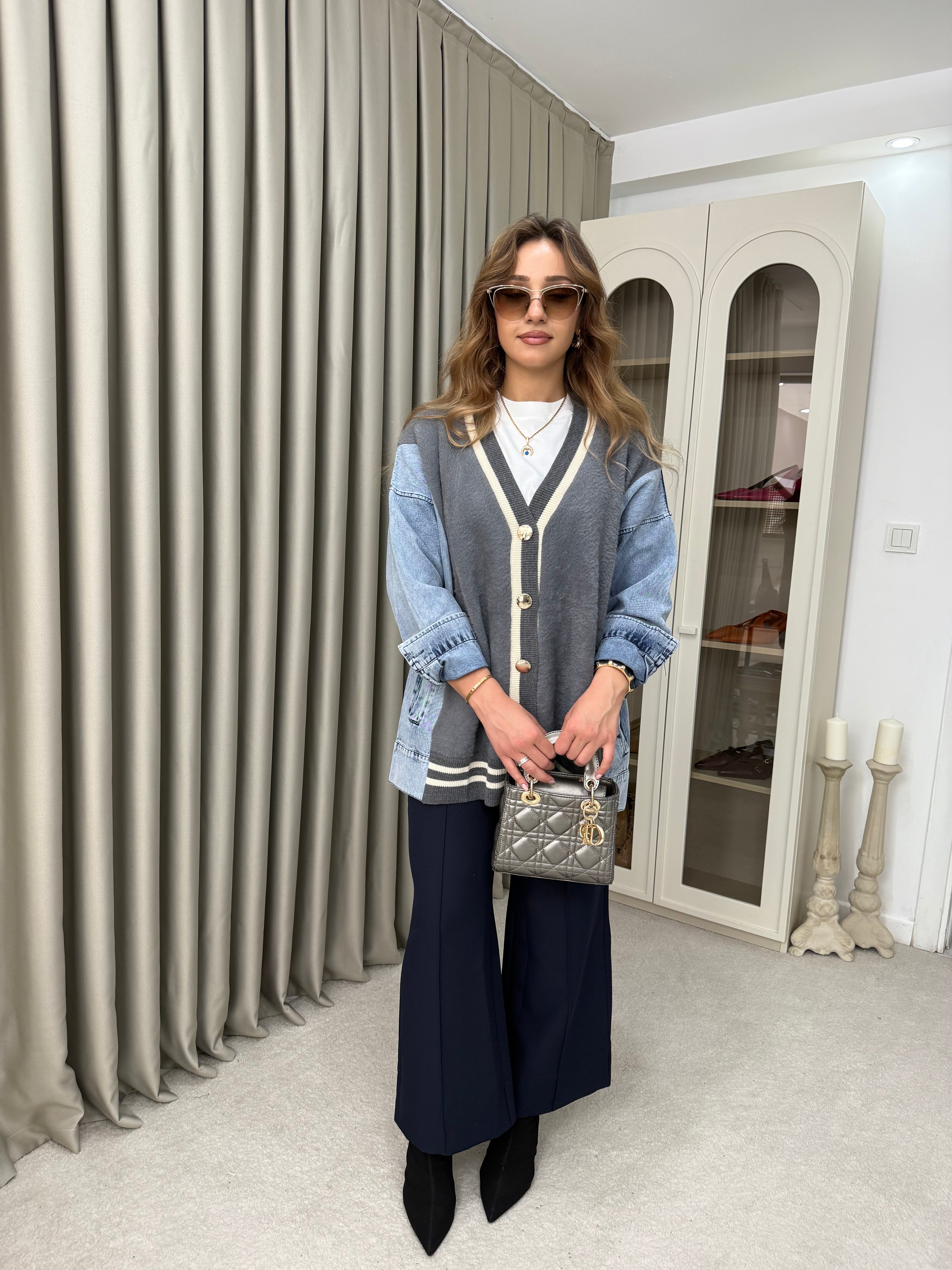 Oversize Angora Geçişli Kot Ceket