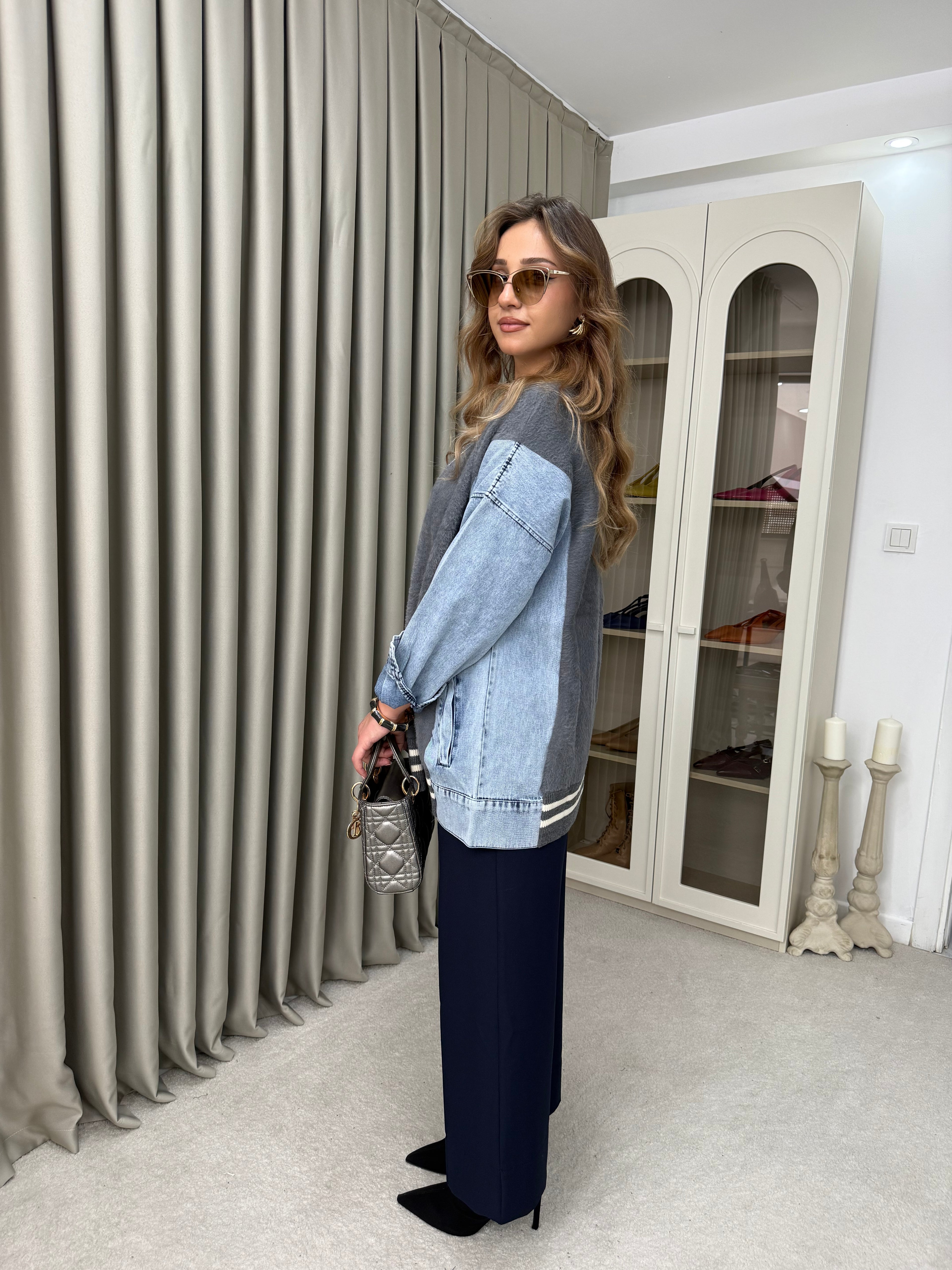 Oversize Angora Geçişli Kot Ceket