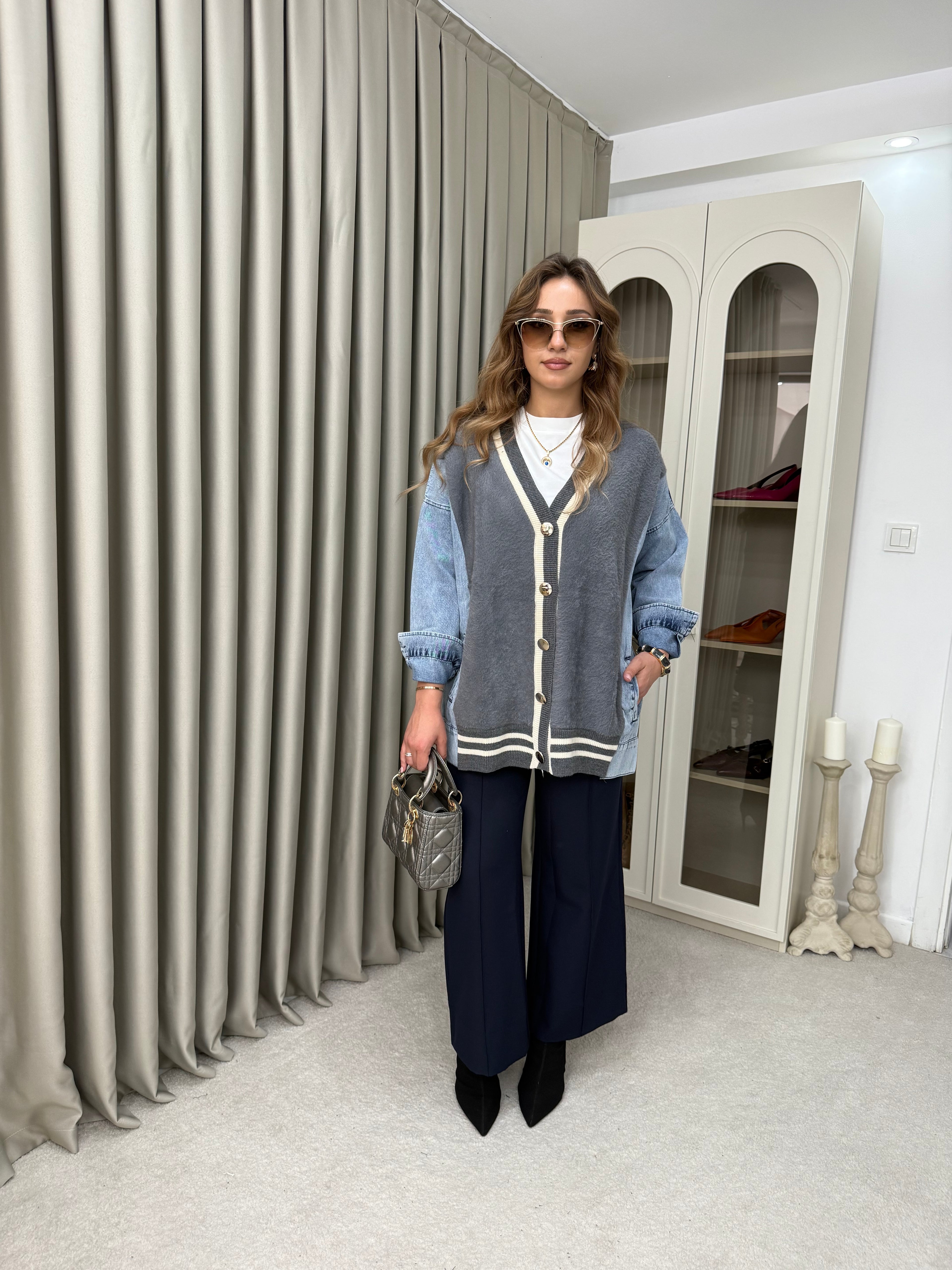 Oversize Angora Geçişli Kot Ceket