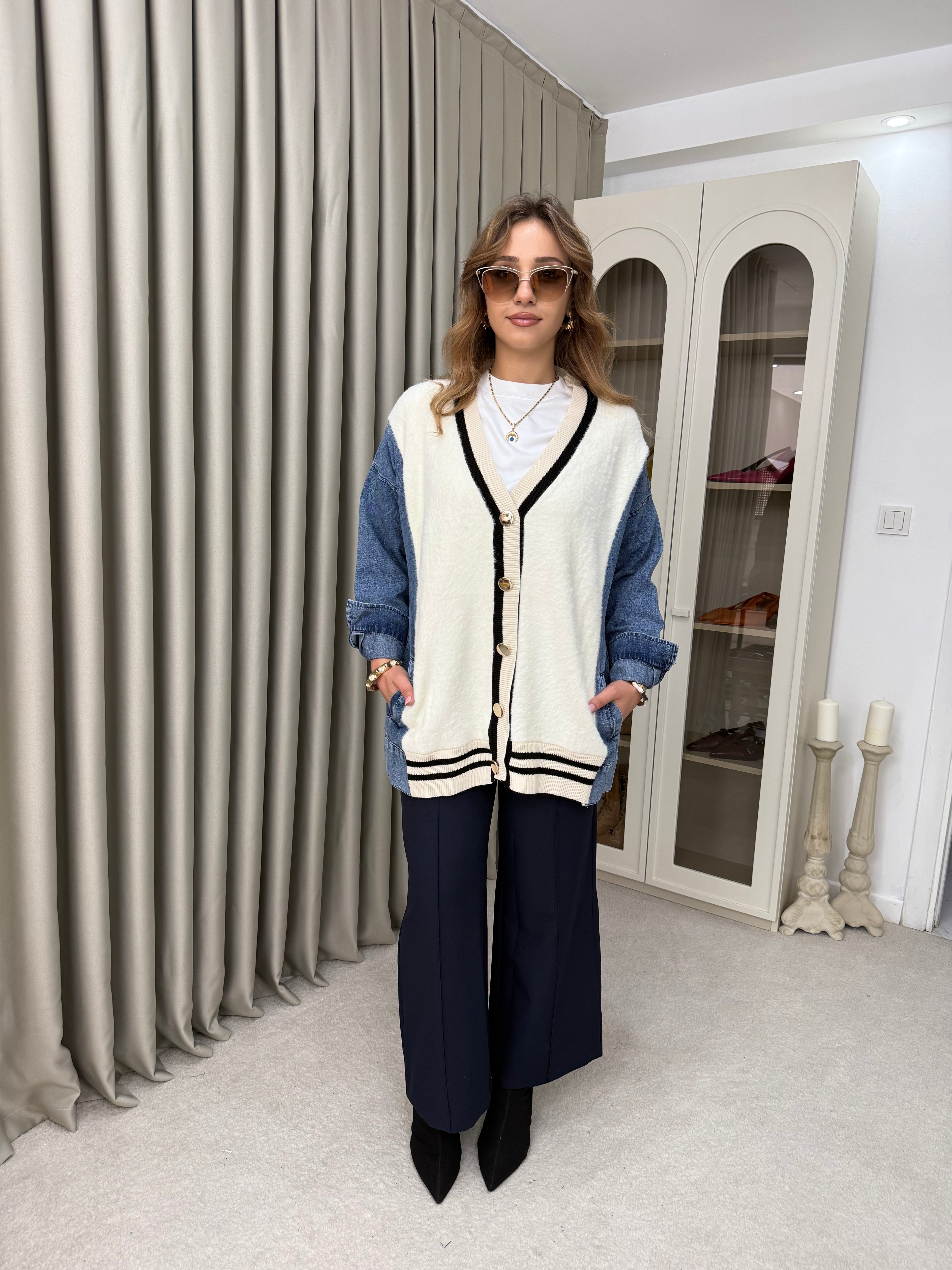 Oversize Angora Geçişli Kot Ceket