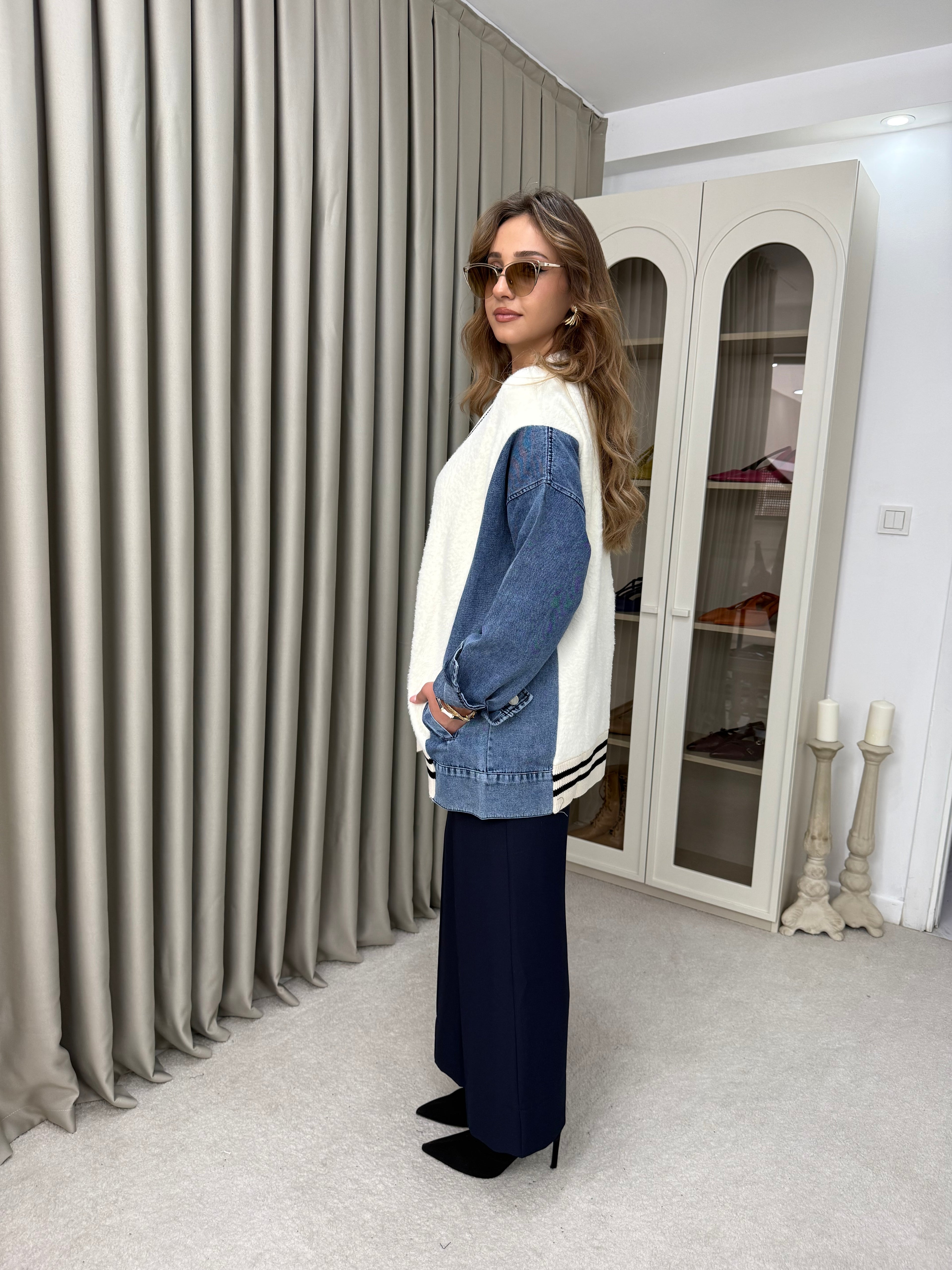 Oversize Angora Geçişli Kot Ceket