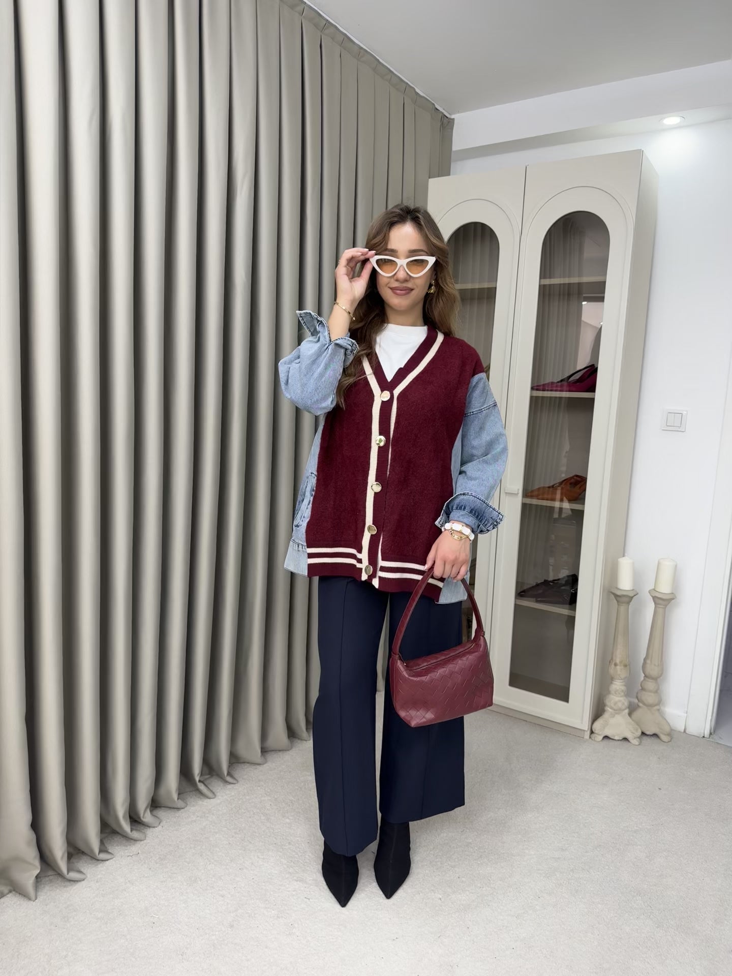Oversize Angora Geçişli Kot Ceket