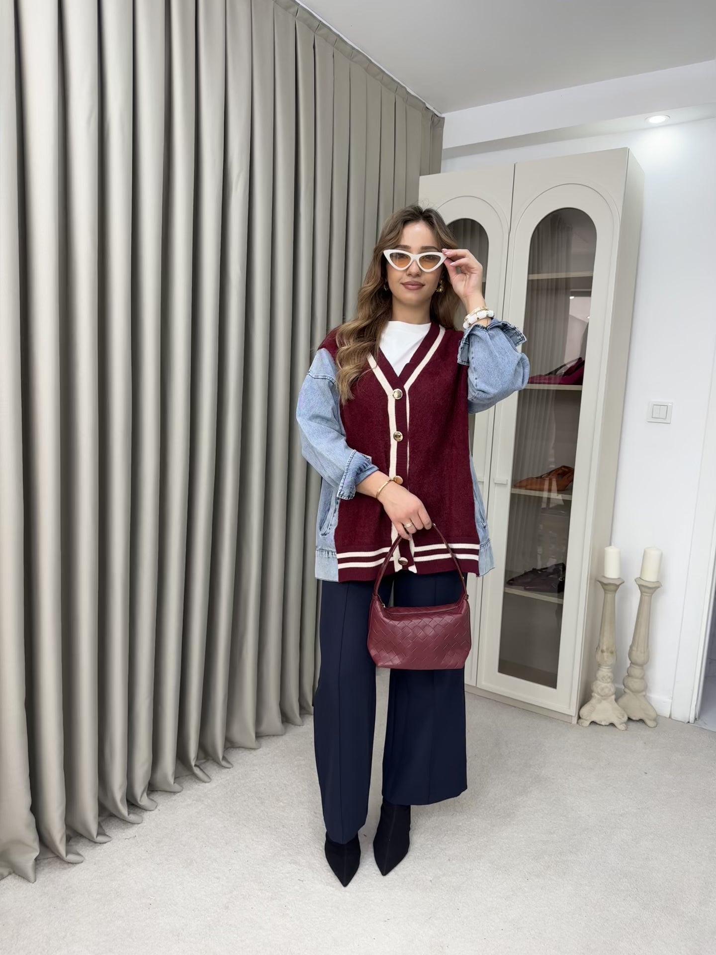 Oversize Angora Geçişli Kot Ceket