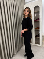 Yakası Taş Detaylı Fitilli Triko Pantalonlu Takım