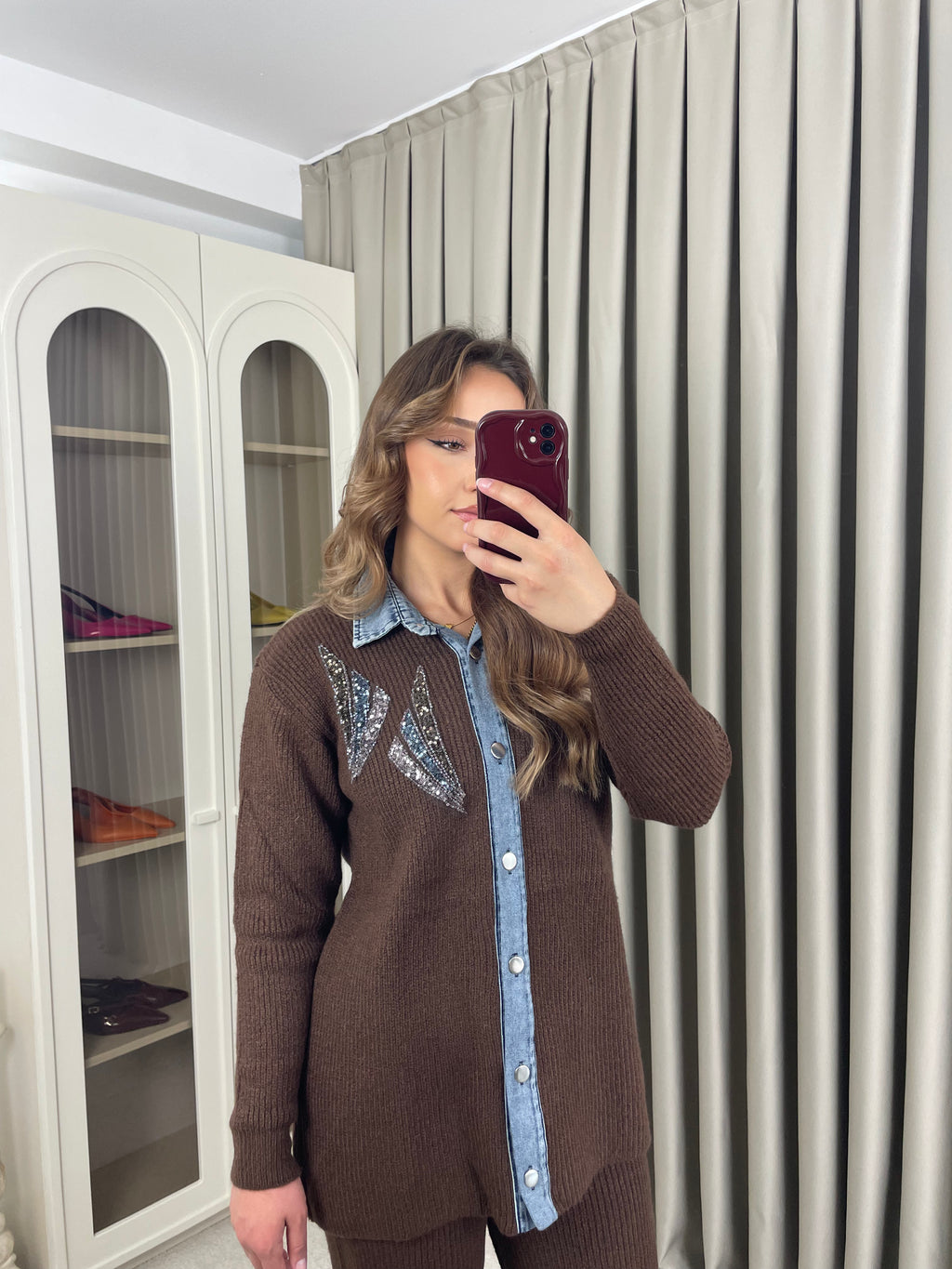 Kot Geçişli Yakası Taşlı Triko Takım