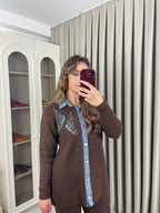 Kot Geçişli Yakası Taşlı Triko Takım