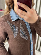 Kot Geçişli Yakası Taşlı Triko Takım