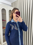 Kot Geçişli Yakası Taşlı Triko Takım