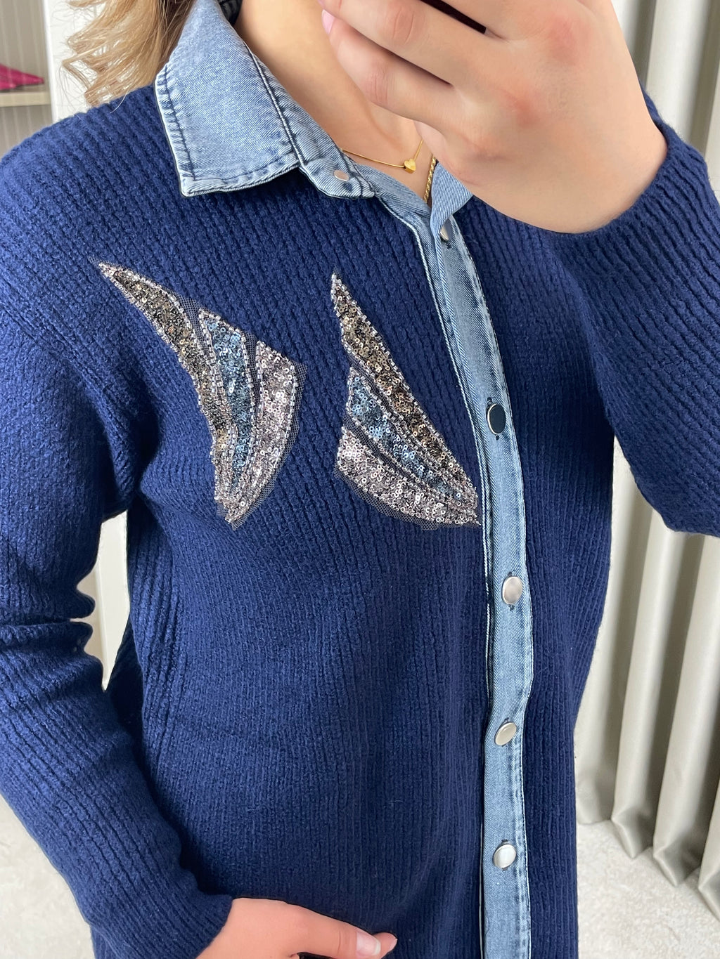 Kot Geçişli Yakası Taşlı Triko Takım