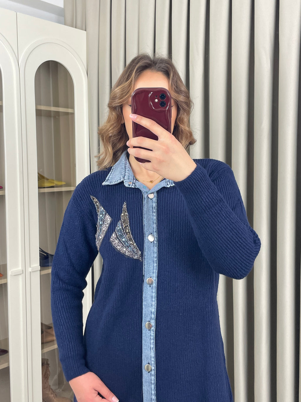 Kot Geçişli Yakası Taşlı Triko Takım