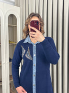 Kot Geçişli Yakası Taşlı Triko Takım