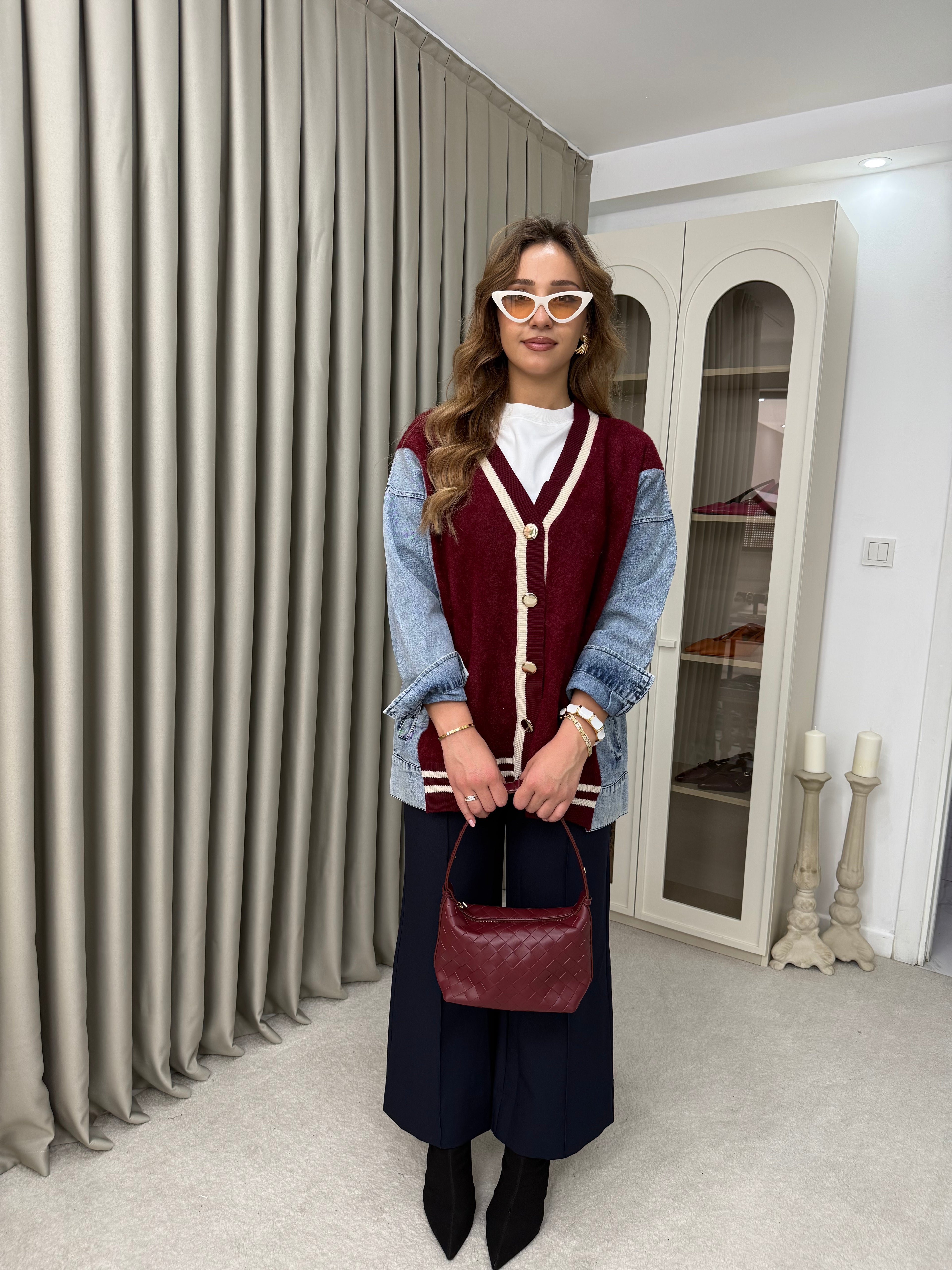 Oversize Angora Geçişli Kot Ceket