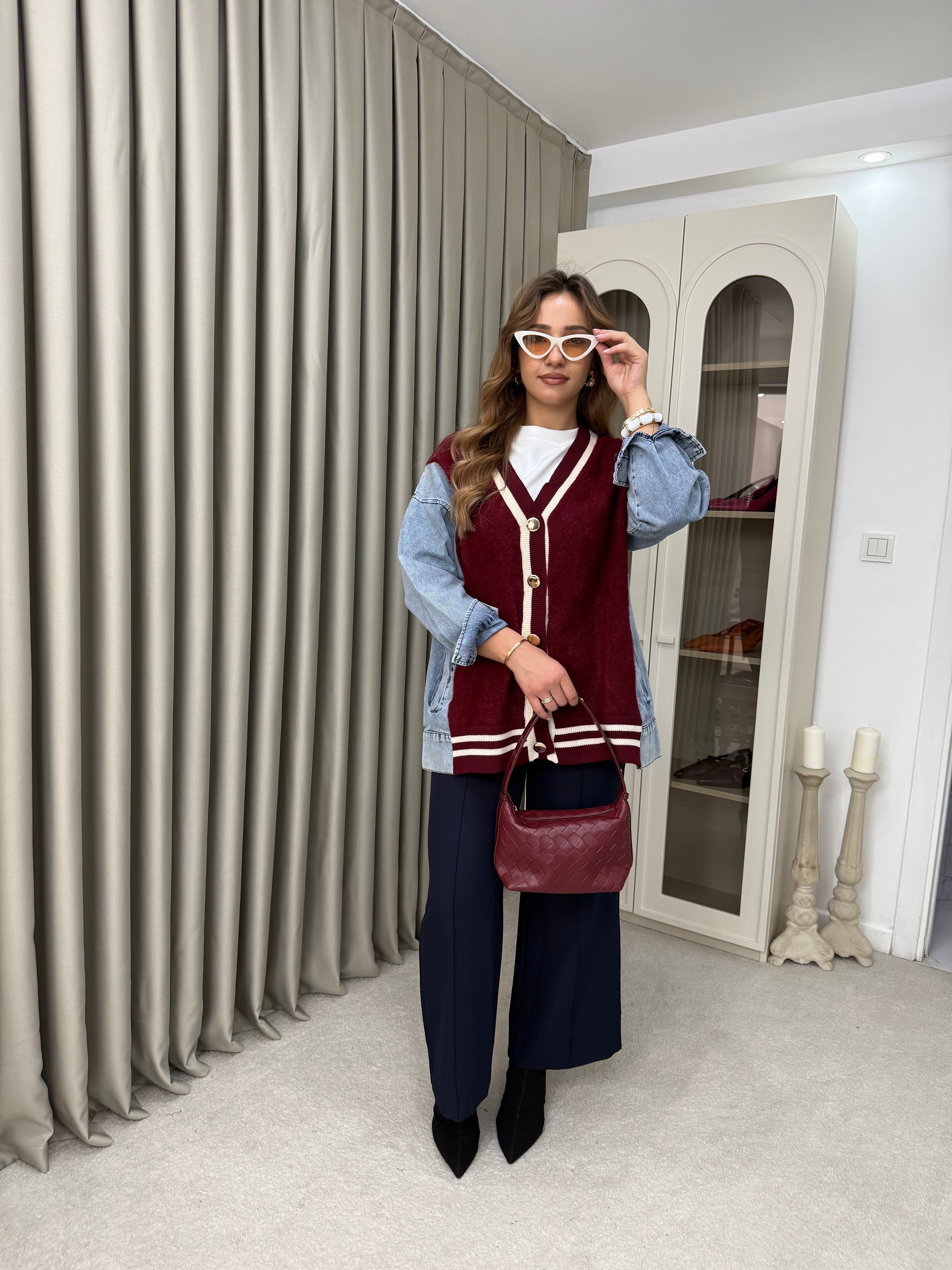 Oversize Angora Geçişli Kot Ceket