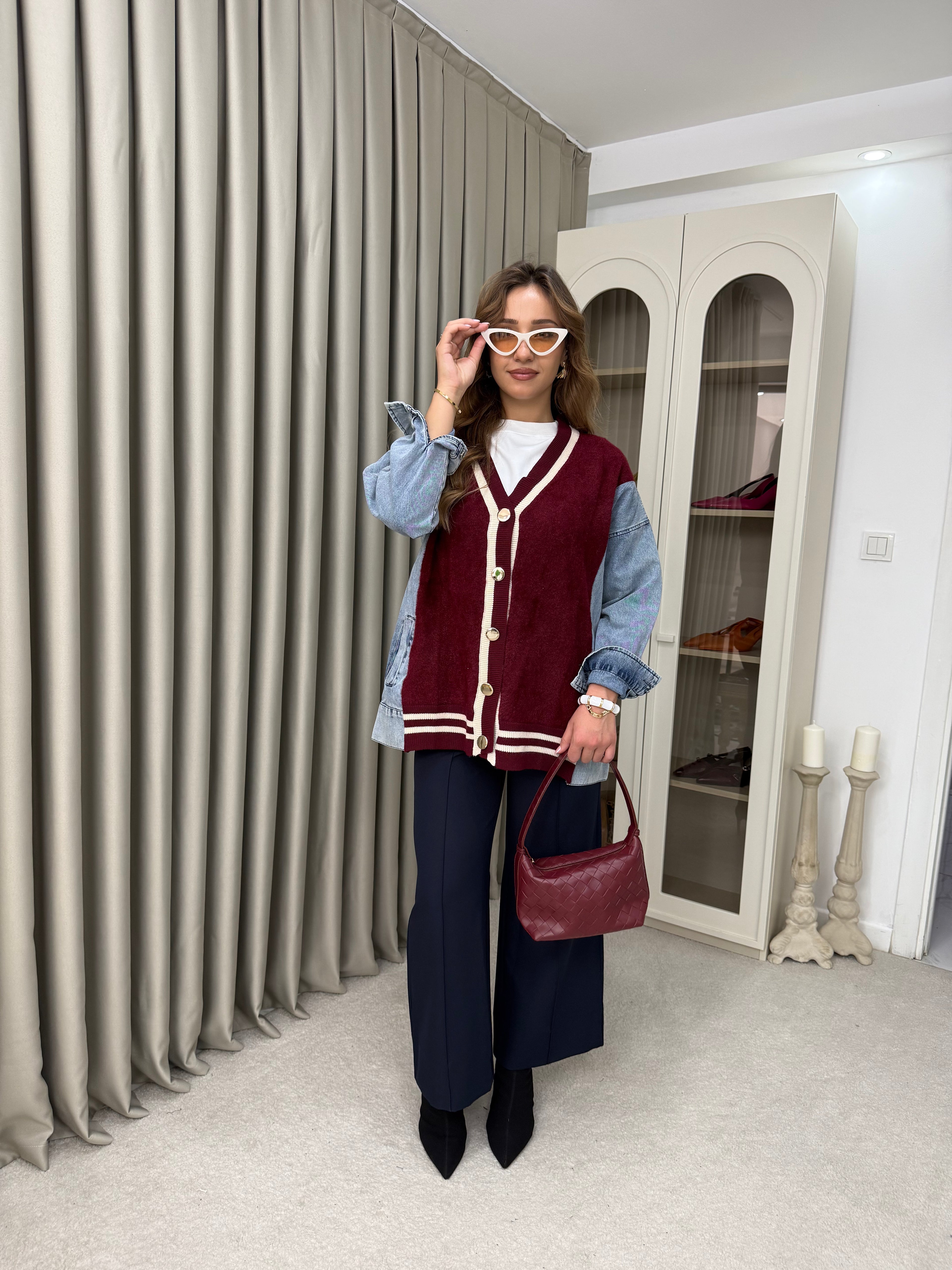 Oversize Angora Geçişli Kot Ceket
