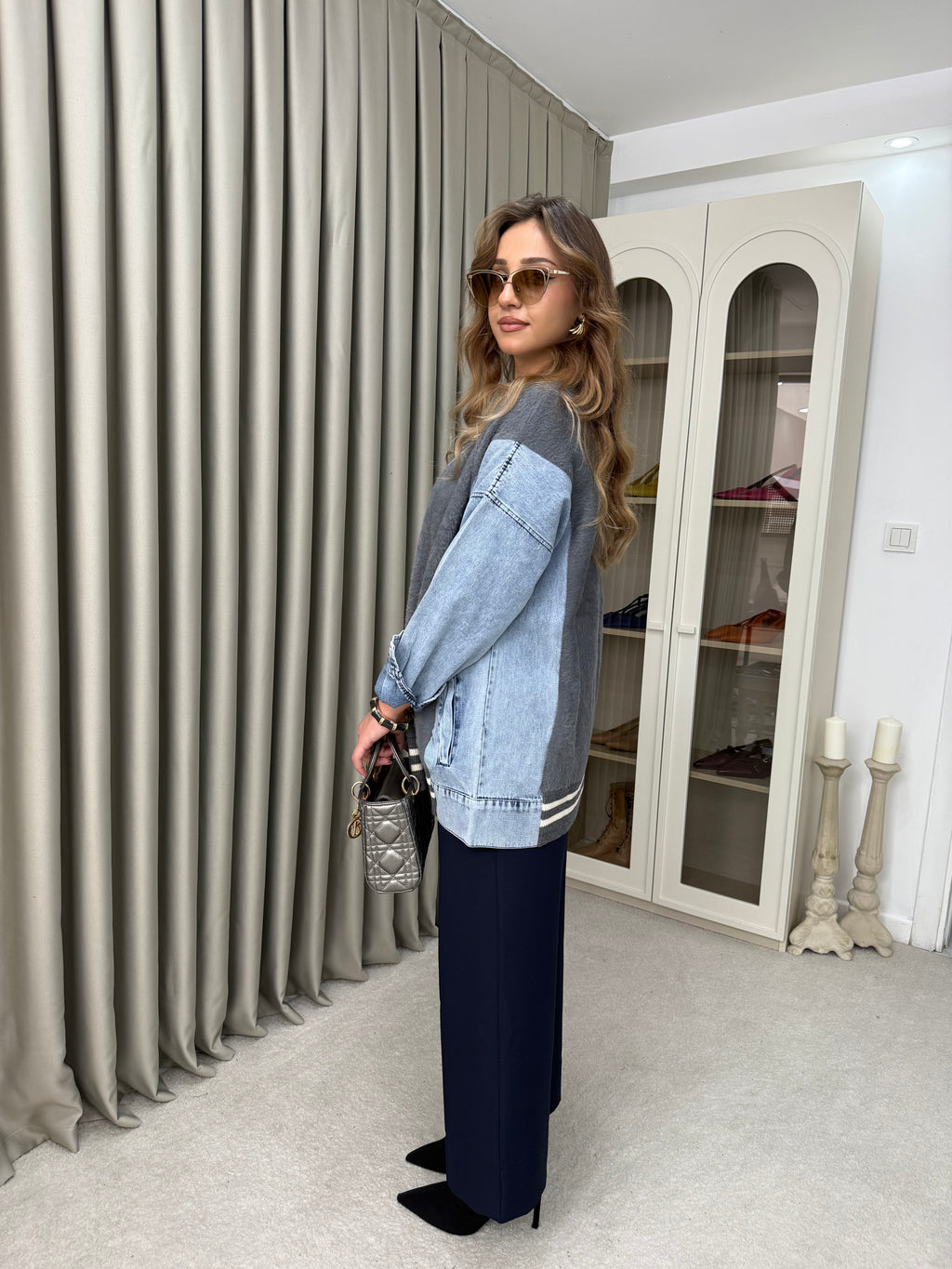 Oversize Angora Geçişli Kot Ceket
