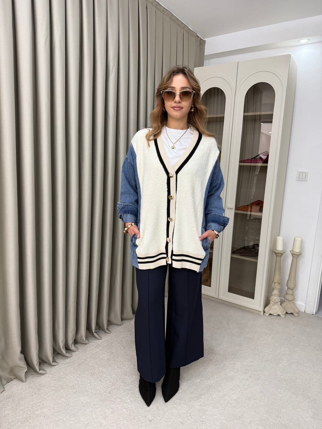 Oversize Angora Geçişli Kot Ceket